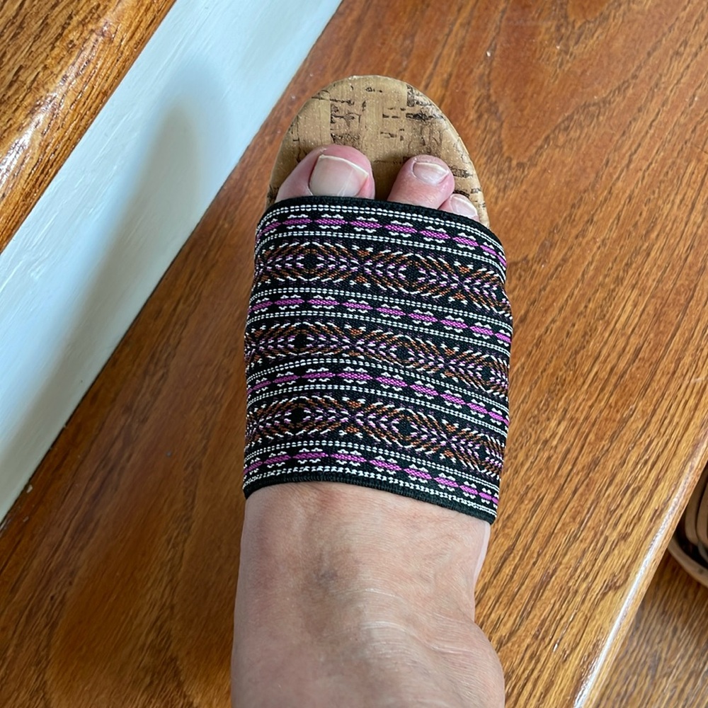 Montego bay slip on platform cork heels, multicolor stretch top  7med, worn once - Picture 3 of 8
